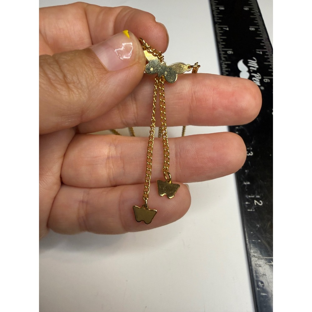 Gold Tone Butterfly Lariat Necklace Dainty Tiered Charm Drop 15.5 Inch